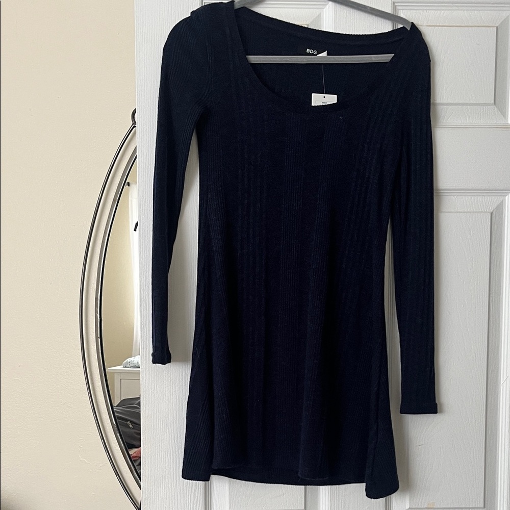 BDG Navy Ribbed Long-Sleeve Scoop Neck Dress
